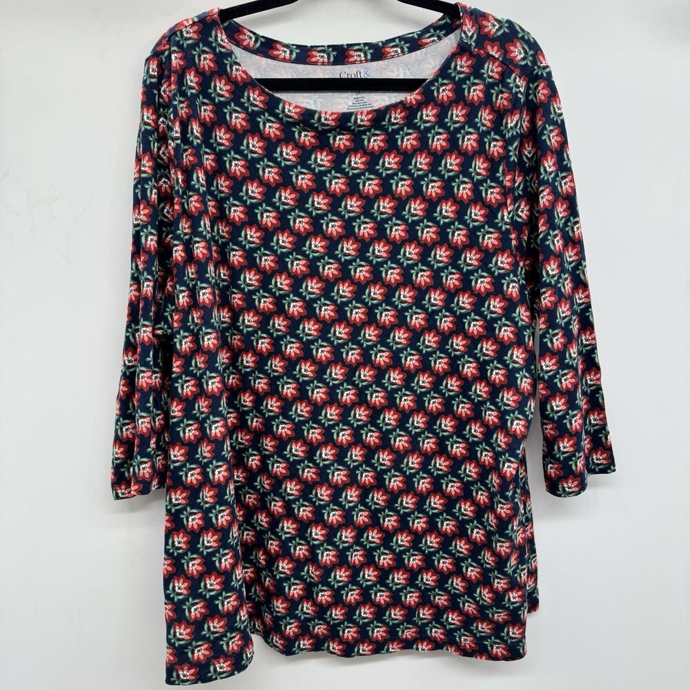 Croft & Barrow 100% Cotton Floral Tee Top Sz 2X Blue Red Office Cottage Boho